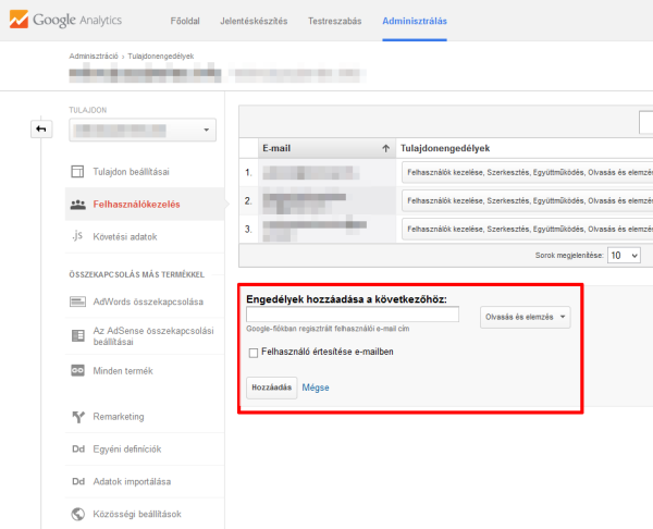 Google Analytics felhasználó hozzáadása