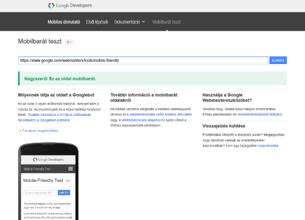 Google mobilbarát teszt eredménye